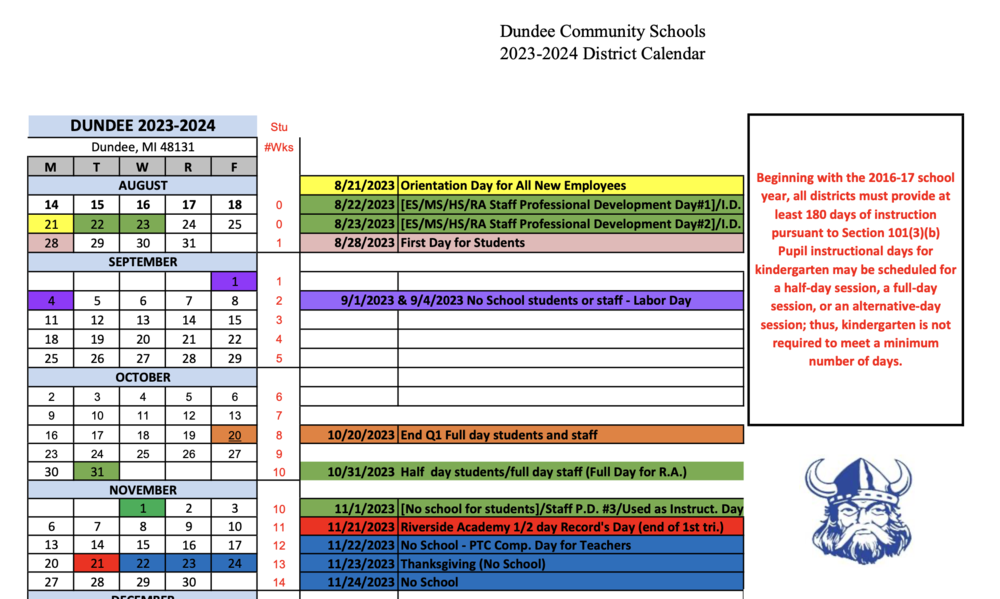Preview Image of Dundee Schools District Calendar for 2023-24 Academic Year